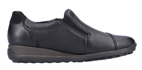 A black slip-on shoe with a low wedge heel.
