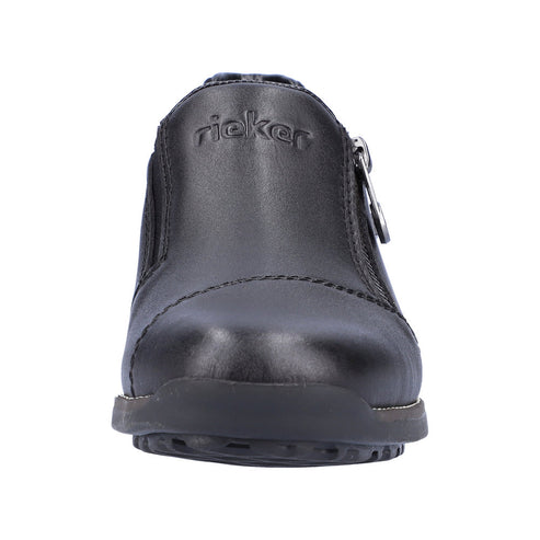 Black slip-on shoe with zipper and 'rieker' text.