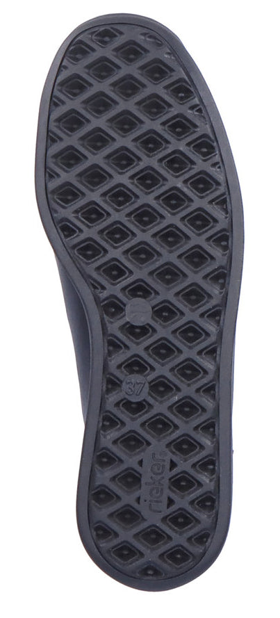 Black shoe sole with diamond pattern and rieker text