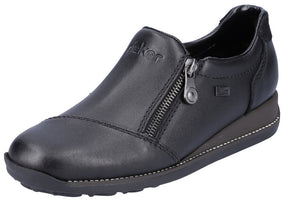 Black, low-rise shoe with zipper.