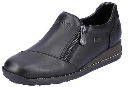 Black, low-rise shoe with zipper.