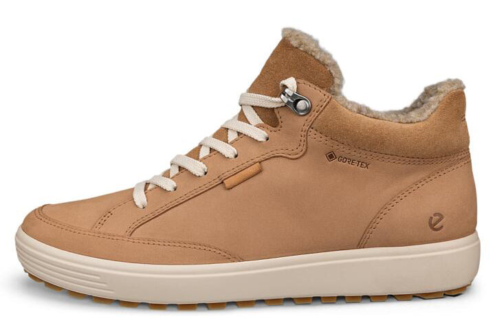 Tan sneaker with off-white laces and a fur lining