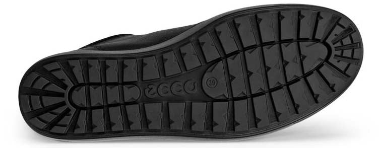 A black rubber shoe sole with a lug pattern.