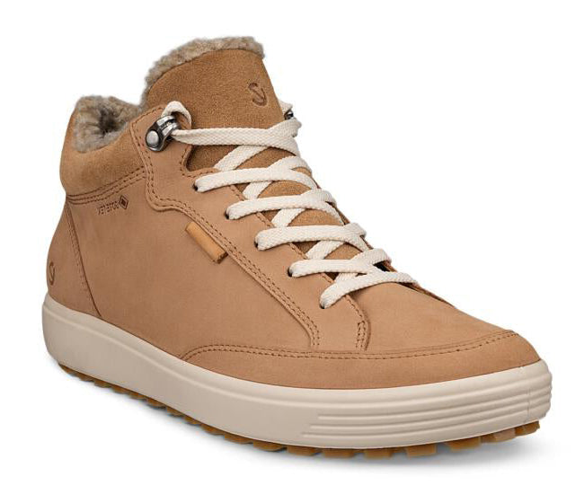 Tan high-top sneaker with white laces and faux fur lining.