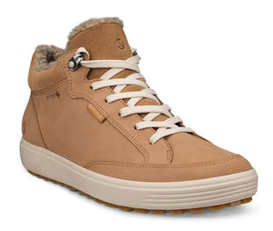Tan high-top sneaker with white laces and faux fur lining.