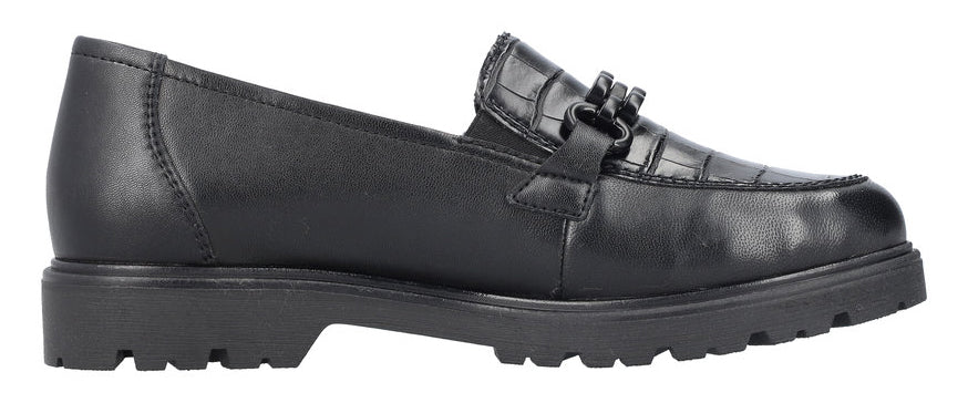 Black leather loafer with a lug sole.