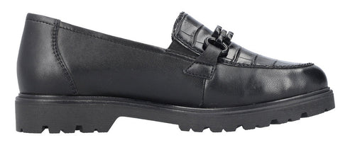 Black leather loafer with a lug sole.