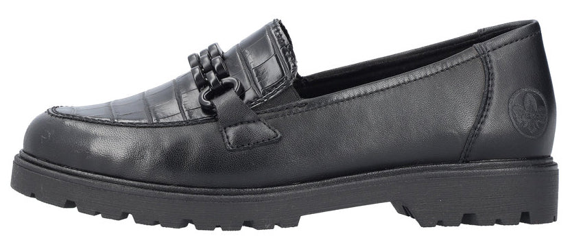 Black loafer-style shoe with a textured vamp and decorative embellishments.