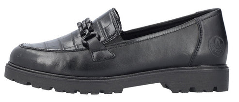 Black loafer-style shoe with a textured vamp and decorative embellishments.