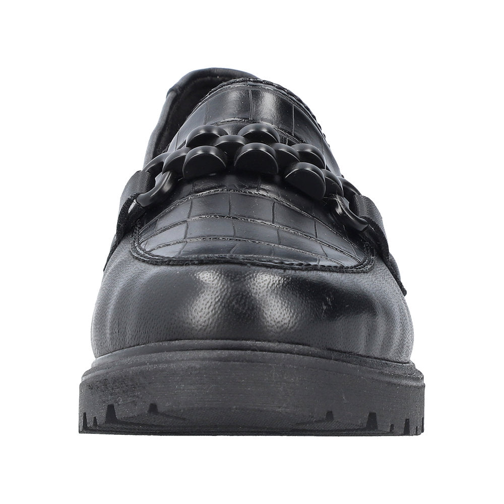 Black loafer with textured upper and ornamental strap.