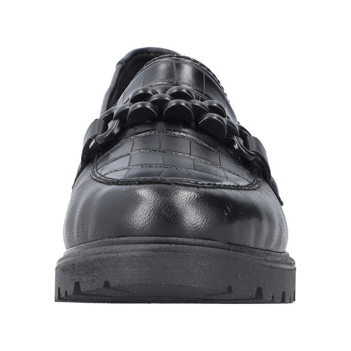 Black loafer with textured upper and ornamental strap.