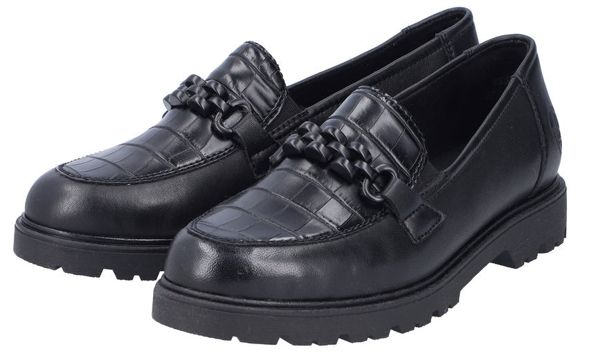 Pair of black faux leather loafers with croc-embossed toe box and chain detail.