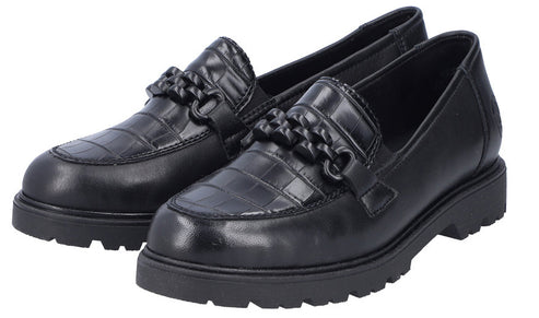 Pair of black faux leather loafers with croc-embossed toe box and chain detail.