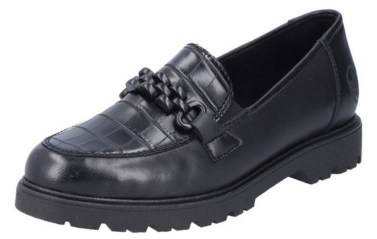Black leather loafer with a chunky sole and a decorative chain detail on the top.