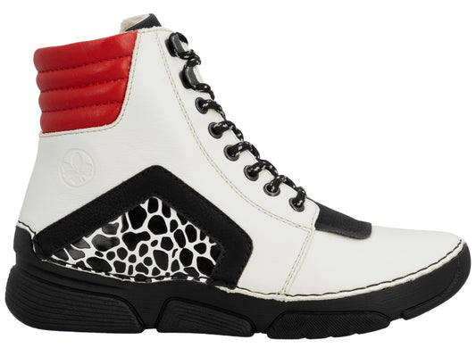 White high-top sneaker with black laces and black accents featuring an abstract patterned side and a red padded collar.