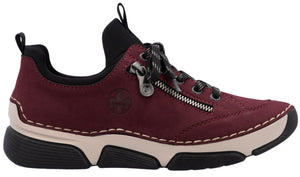Maroon sneaker with black laces, partial side zipper, off-white midsole, and black outsole.
