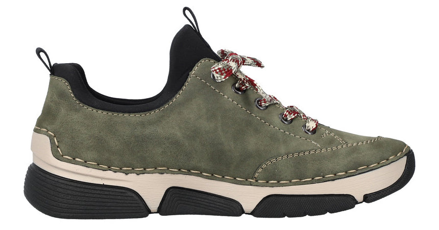 Olive green sneaker with black collar and laces.