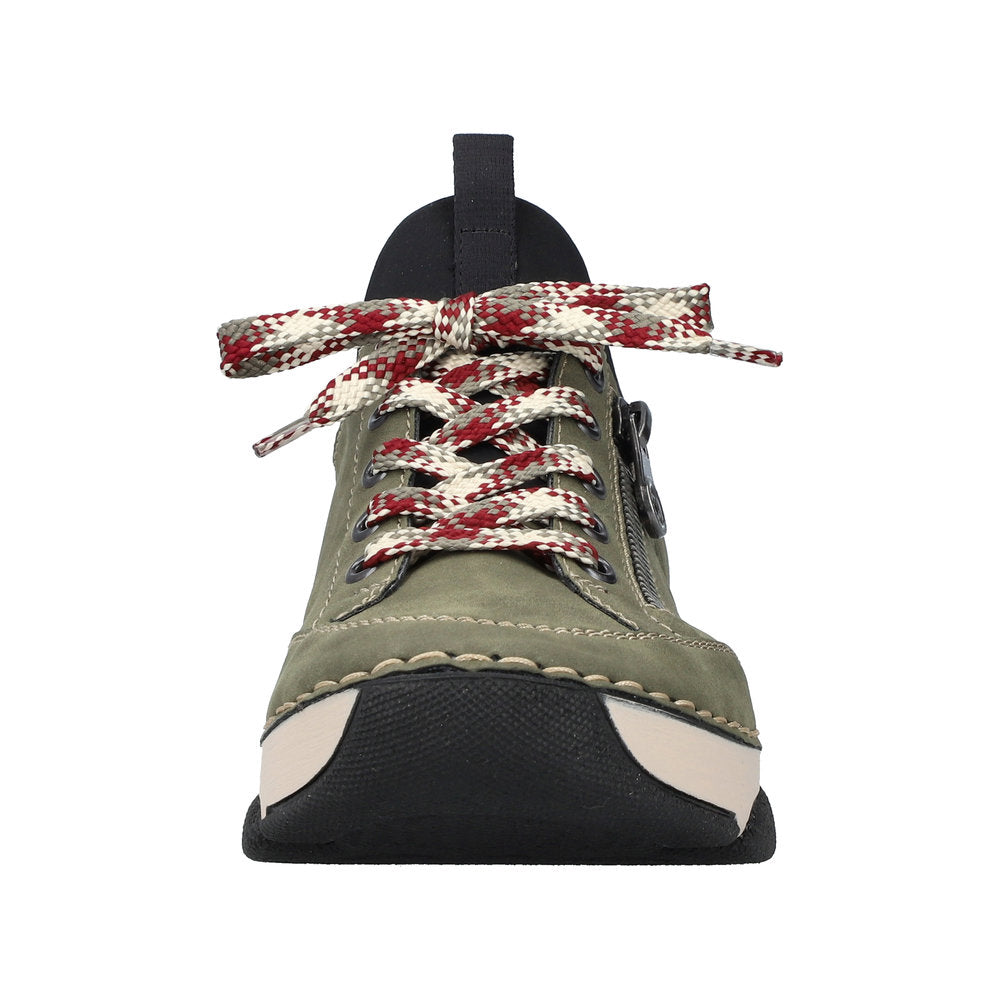 Olive green sneaker with decorative laces and zipper.