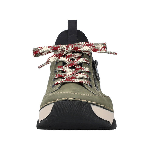 Olive green sneaker with decorative laces and zipper.