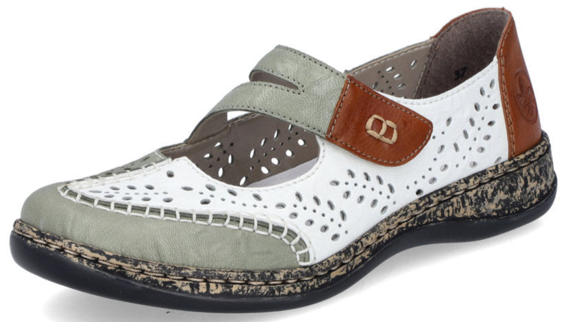Casual Mary Jane style shoe with brown, white, and grey colors and decorative perforations.