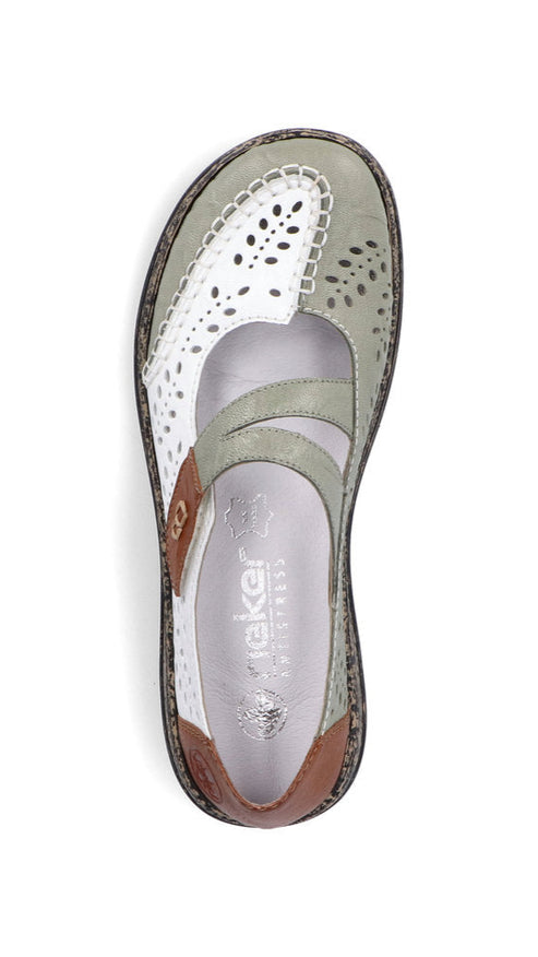 Top-down view of a gray and white flat shoe with floral cutouts and strap.