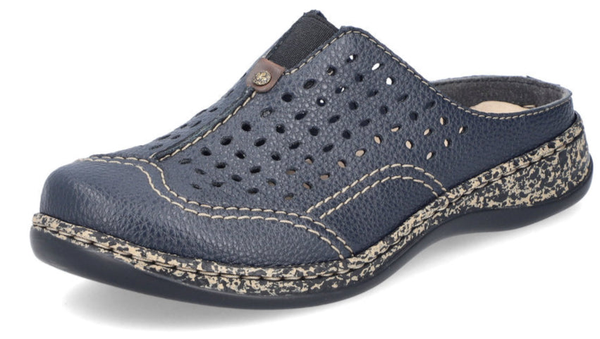 Navy blue clog with perforated upper and speckled sole.