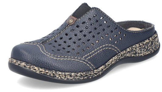 Navy blue clog with perforated upper and speckled sole.