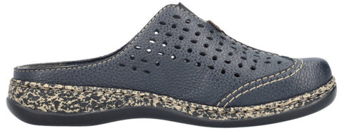 Blue leather clog with decorative perforations and white stitching.