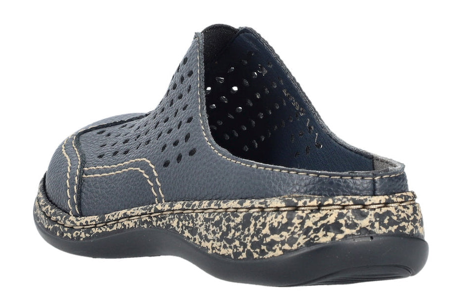 Navy blue leather clog-style shoe with decorative perforations.