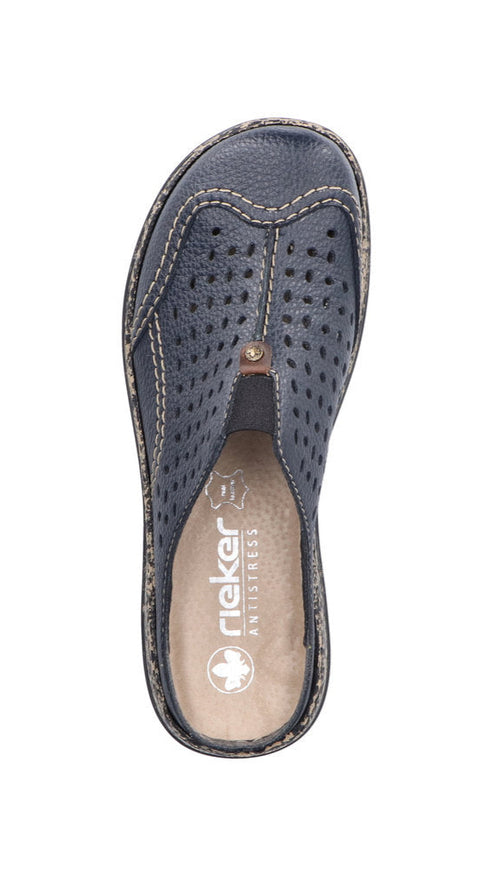 Navy blue leather mule with perforations and rieker ANTISTRESS inner sole.