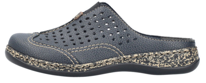 A dark blue leather clog with perforated detailing, decorative stitching, and a thick sole.
