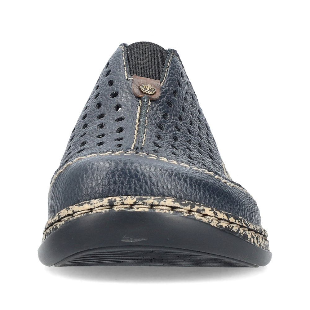 Perforated leather slip-on shoe, dark blue with off-white stitching.