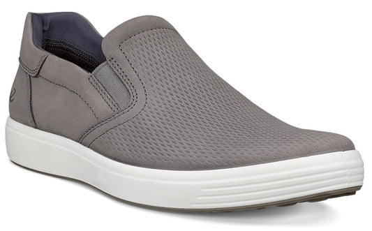Gray slip-on sneaker with a textured upper and white sole.
