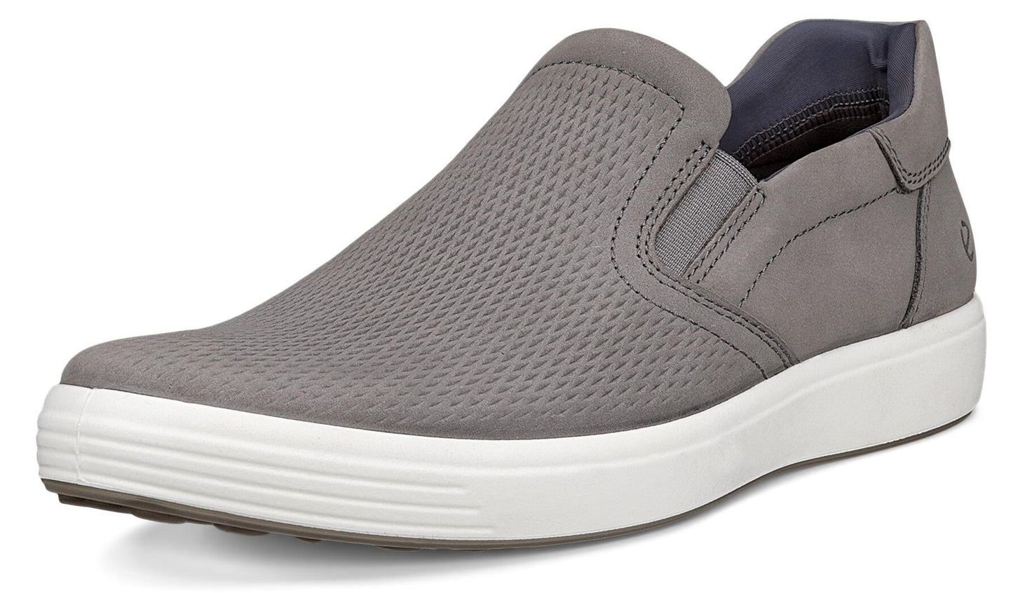 Gray slip-on shoe with a white sole and perforated upper.