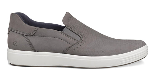 A gray slip-on shoe with a white sole.