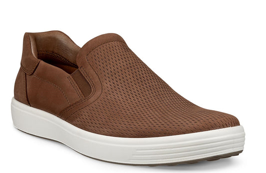 Brown leather slip-on shoe with perforated upper and white sole.