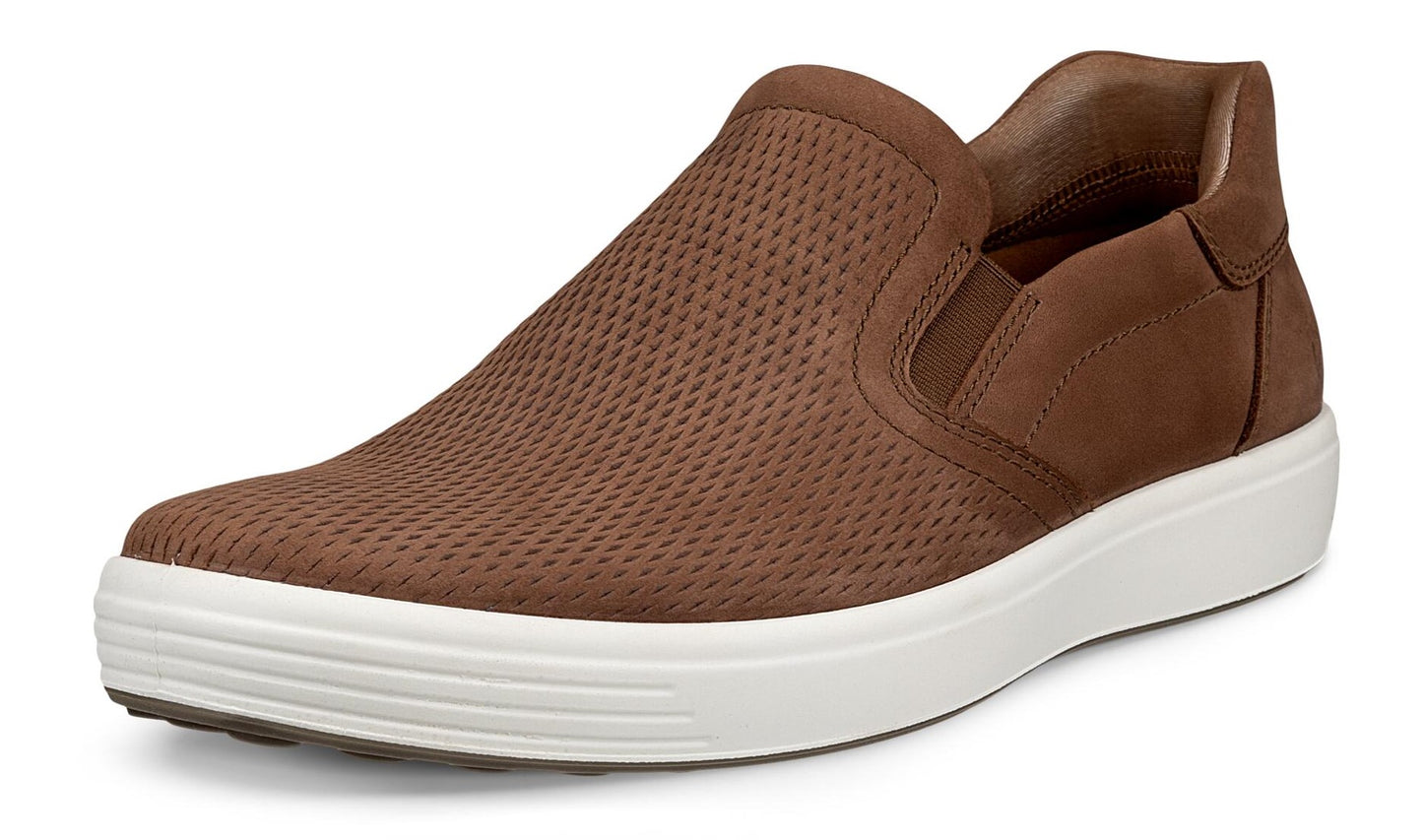 Slip-on shoe with perforated brown leather upper and white sole.