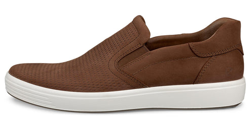 Brown slip-on shoe with a white sole.