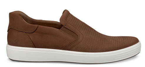 A brown slip-on shoe with a white sole.