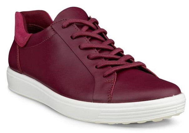 Burgundy leather sneaker with white sole and burgundy laces.