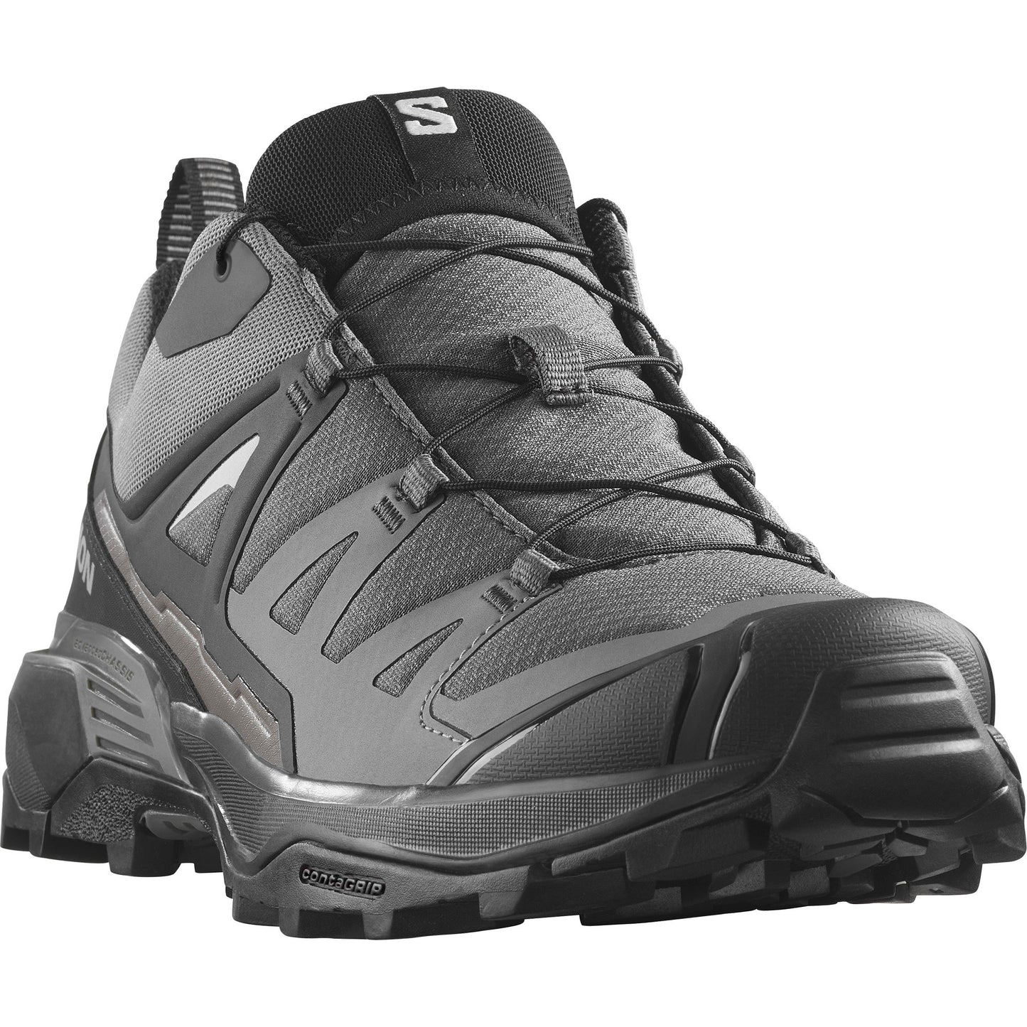 Gray hiking shoe with black laces and sole.