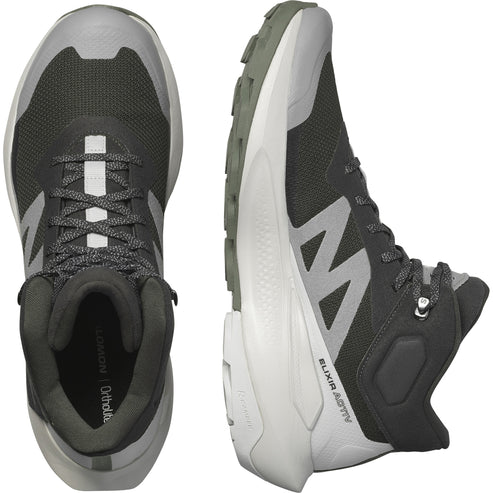 Two views of a high top hiking shoe that is gray, black, and white with the visible text "ELIXIR ACTIV" on the side.