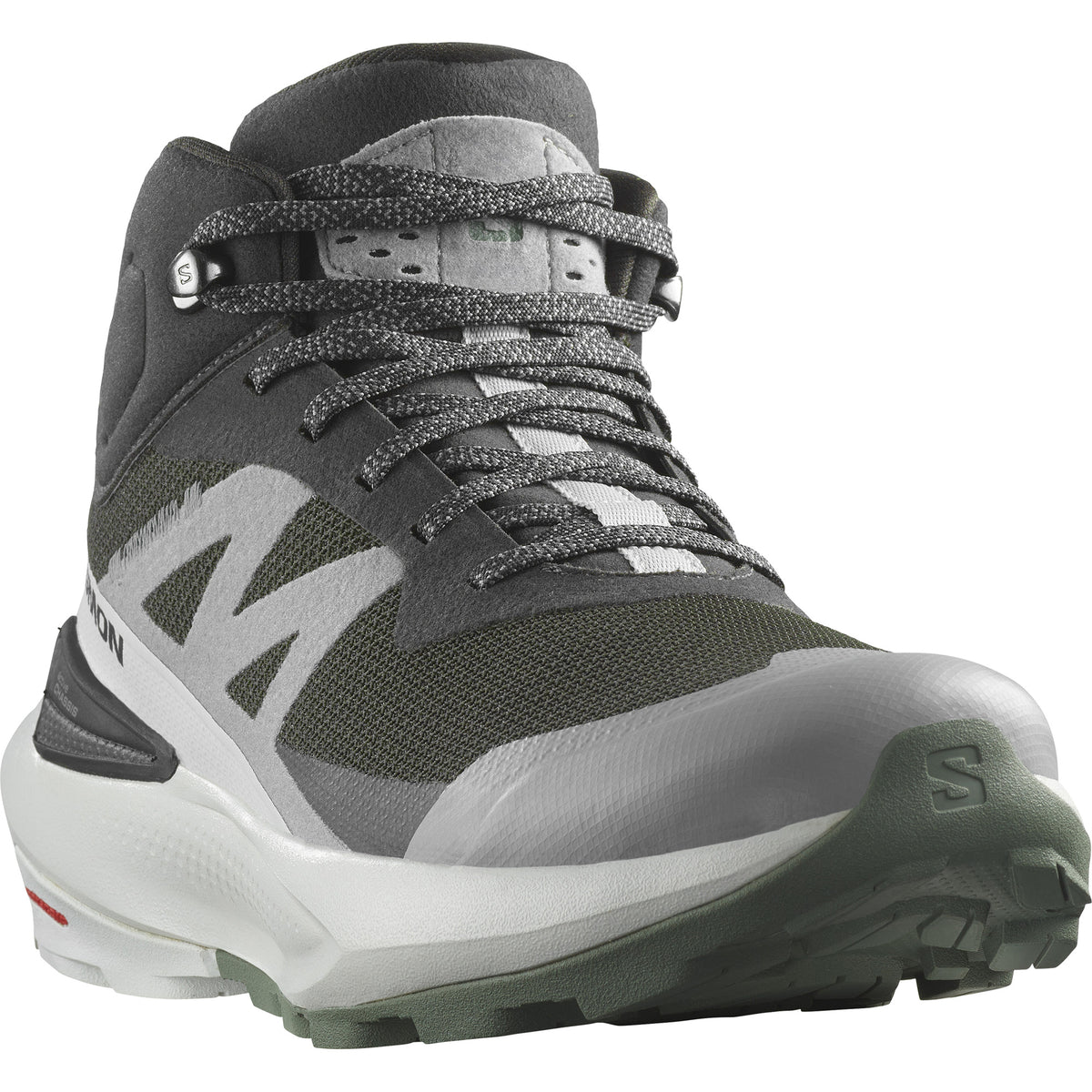 Hiking boot with gray and white color scheme, featuring a unique, oversized white sole and textured laces.