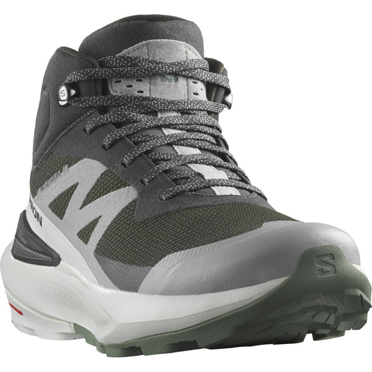 Hiking boot with gray and white color scheme, featuring a unique, oversized white sole and textured laces.