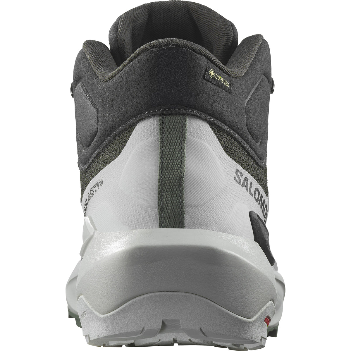 Back view of a high-top athletic shoe in grey and white with GORE-TEX.