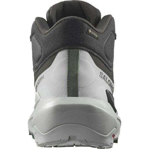 Back view of a high-top athletic shoe in grey and white with GORE-TEX.