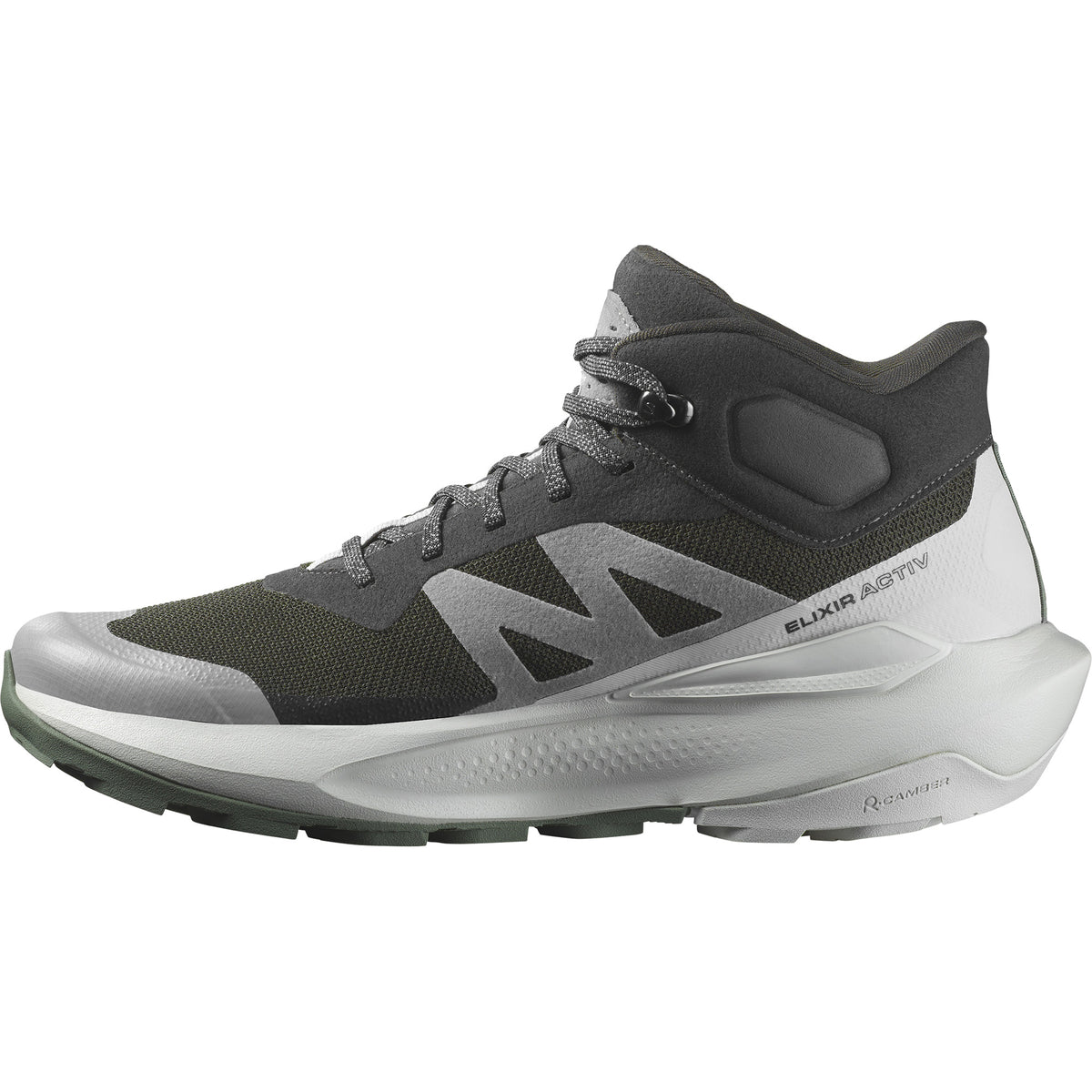 High top hiking shoe in dark green and gray with light gray sole, laces, and trim.