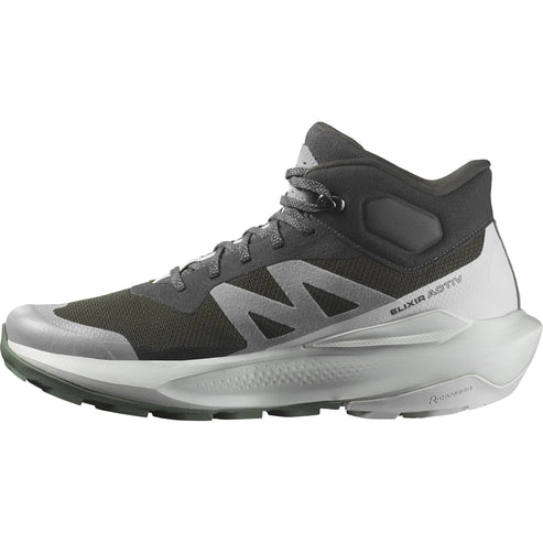 High top hiking shoe in dark green and gray with light gray sole, laces, and trim.