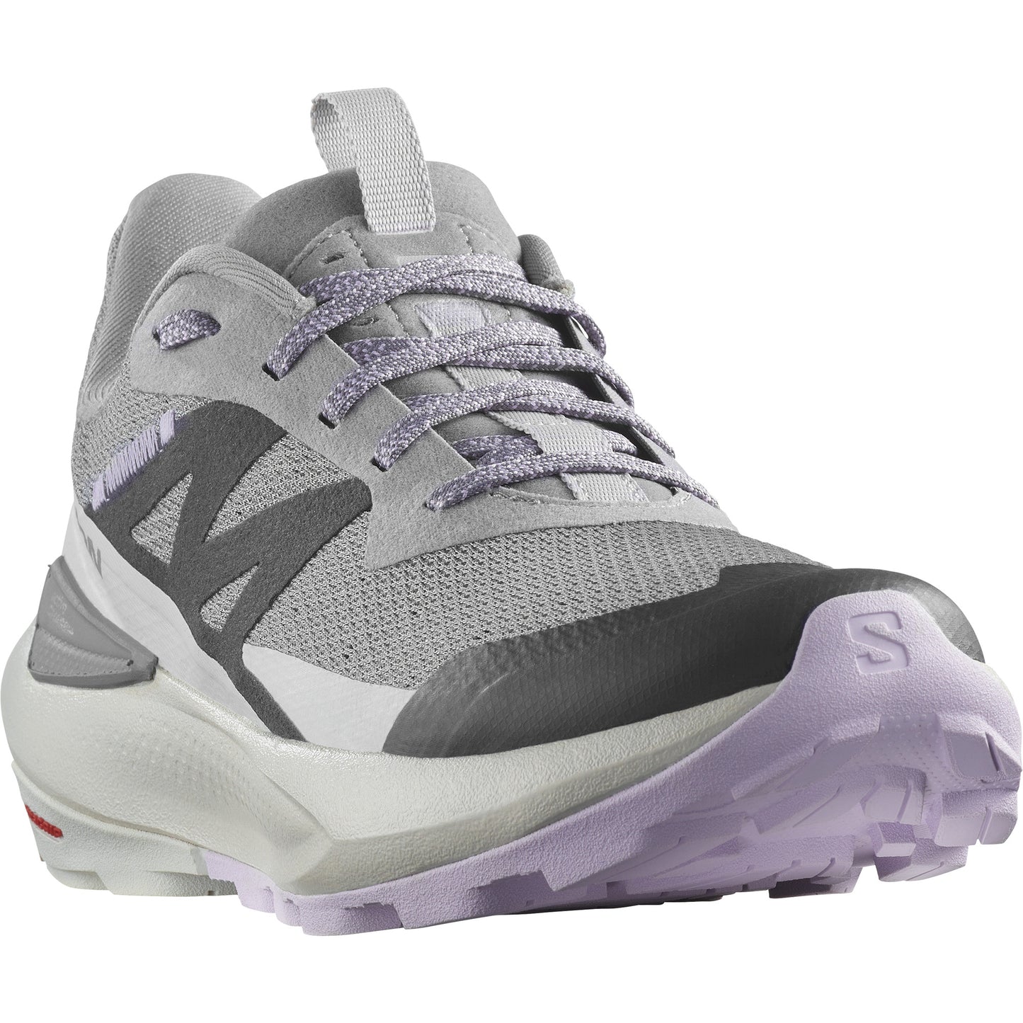 A gray trail running shoe with lavender laces and a textured lavender sole.