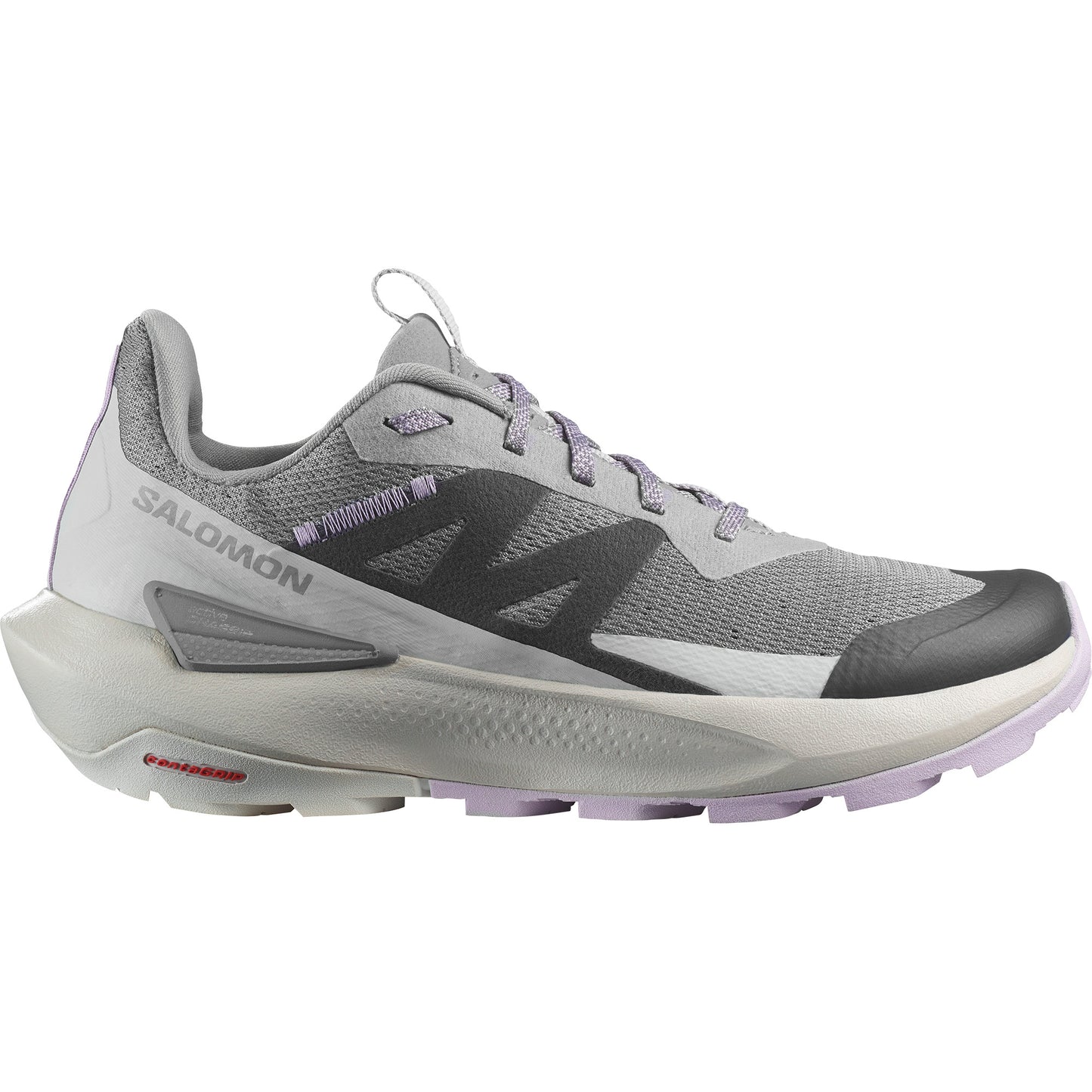 A grey running shoe with SALOMON printed on the side.